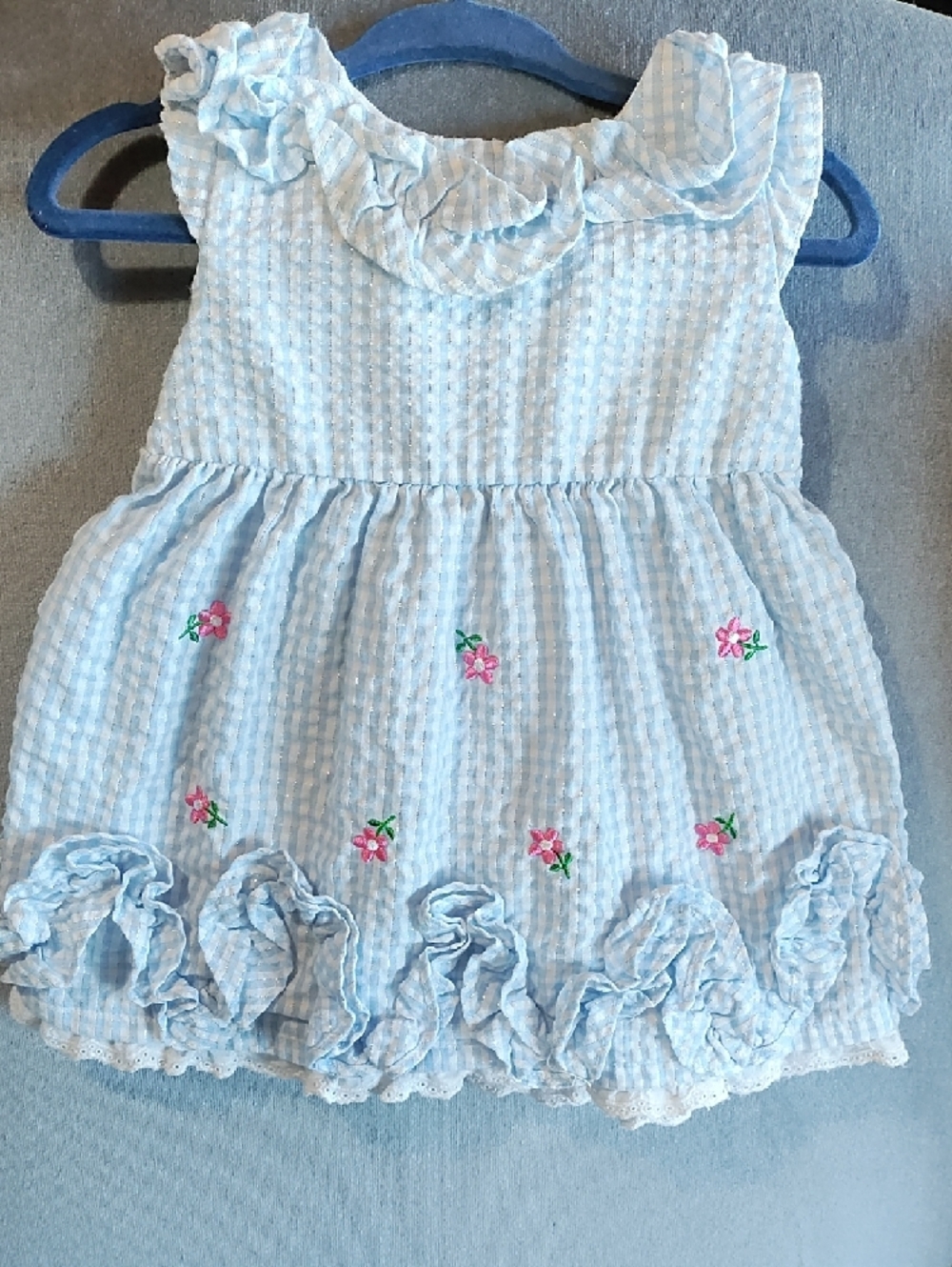 1990s Vintage Youngland Baby Blue/metallic Gingham Dress Pink Embroider flowers